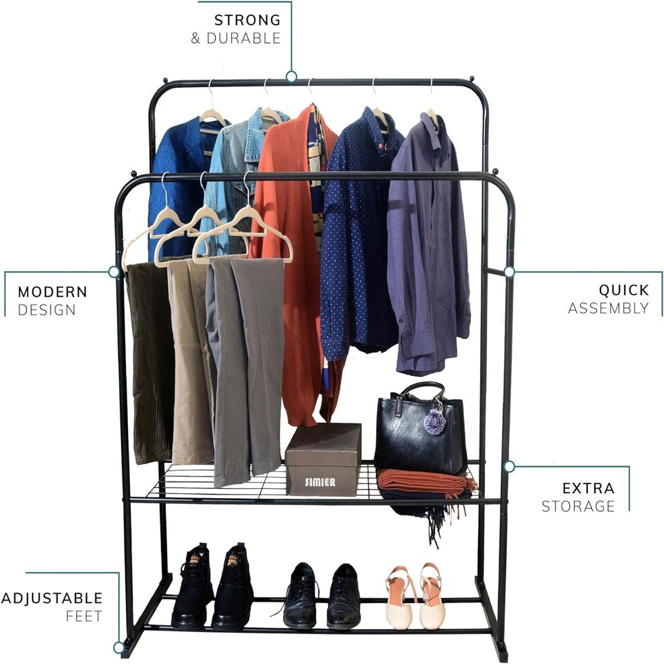 image 1 of House of Home Double Clothes Rail with Shoe Rack Heavy Duty Metal Garment Hanger Hat Bag Hooks