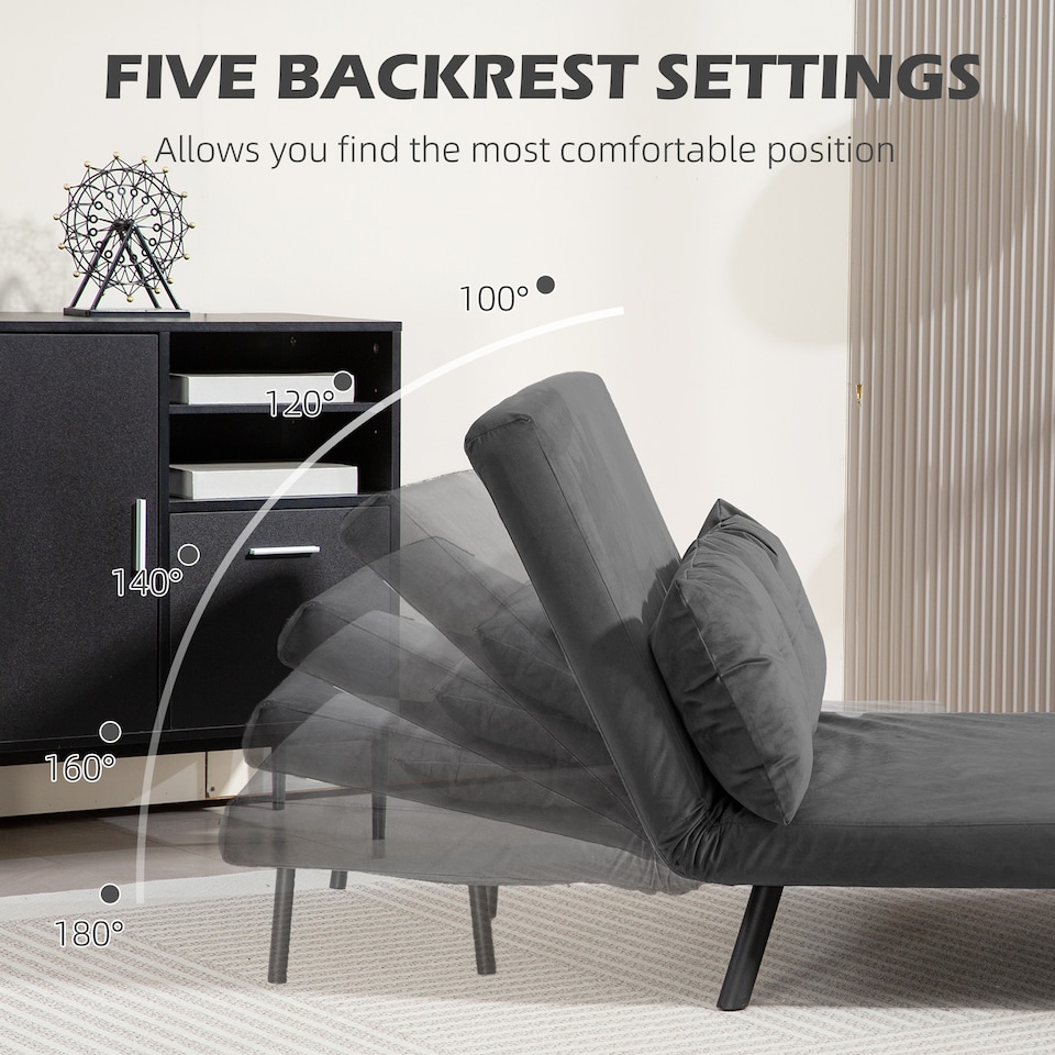 image 1 of HOMCOM 2 Seater Sofa Bed, Click Clack Convertible Bed Settee, Modern Velvet Feel Fabric Sofa Couch with 2 Tufted Cushions, Wood Armrests for Living Room, Bedroom, Guest Room, Dark Grey | Grey | grey | One Size