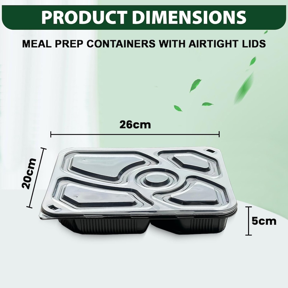 image 1 of 5 Compartment Black Meal Prep Containers With Lid Plastic Microwave Safe Food Storage Box 30pc