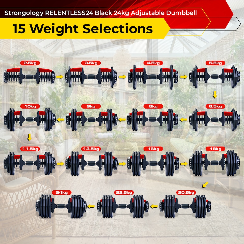image 1 of Strongology Relentless24 Home Fitness Single Adjustable Smart Dumbbell from 2.5kg up to 24kg Training Weights