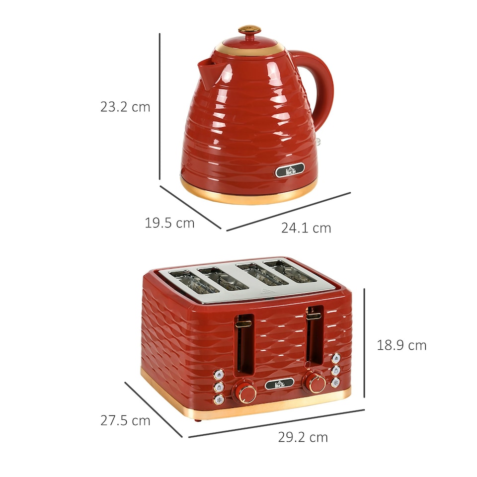 image 1 of HOMCOM Kettle and Toaster Set 1.7L Rapid Boil Kettle & 4 Slice Toaster Red