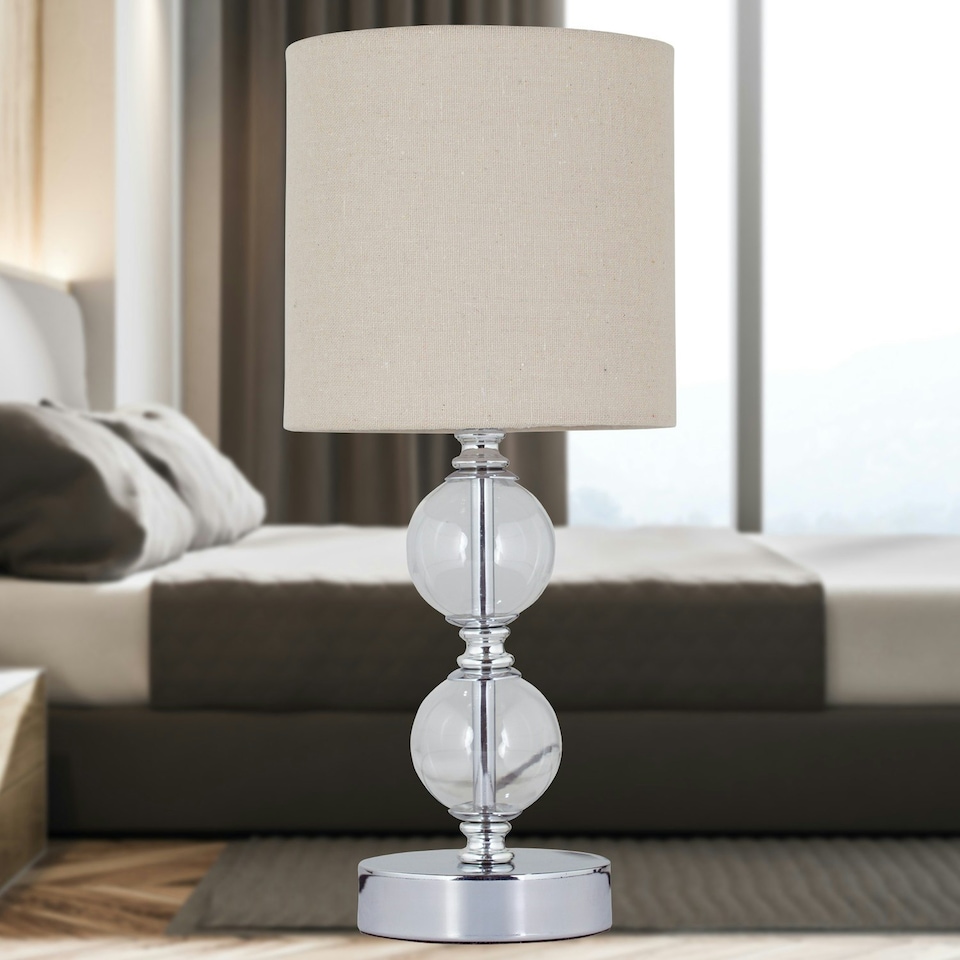 image 1 of First Choice Lighting Set of 2 Chrome Two Ball Table Lamps with Natural Linen Shades Chrome | Brown