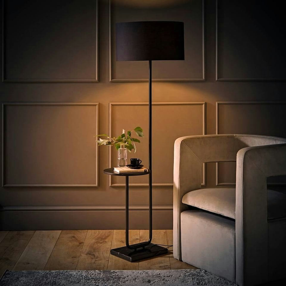 image 1 of ValueLights Large Matt Black Curved Stem Marble Floor Lamp Coffee Table Light - Black Shade + LED Bulb | Black