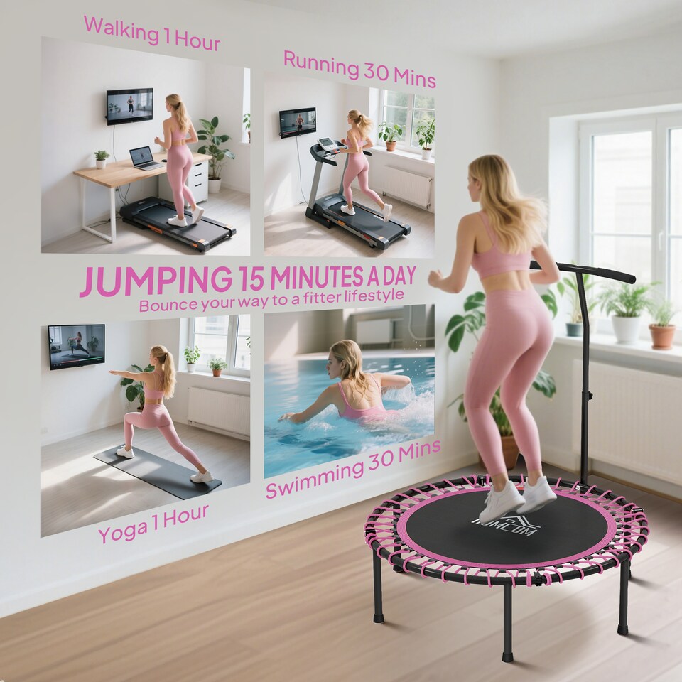 image 1 of HOMCOM 45" Fitness Trampoline Outdoor Bouncer Jumper Adjustable Handle, Pink