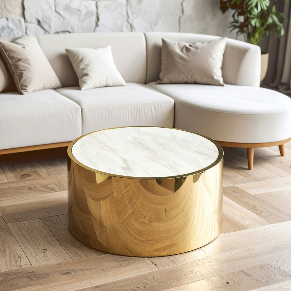 image 1 of Interiors by Premier Luxury Round White Coffee Table, Marble Coffee Table, White & Gold Coffee table, Contemporary Cocktail table Gold