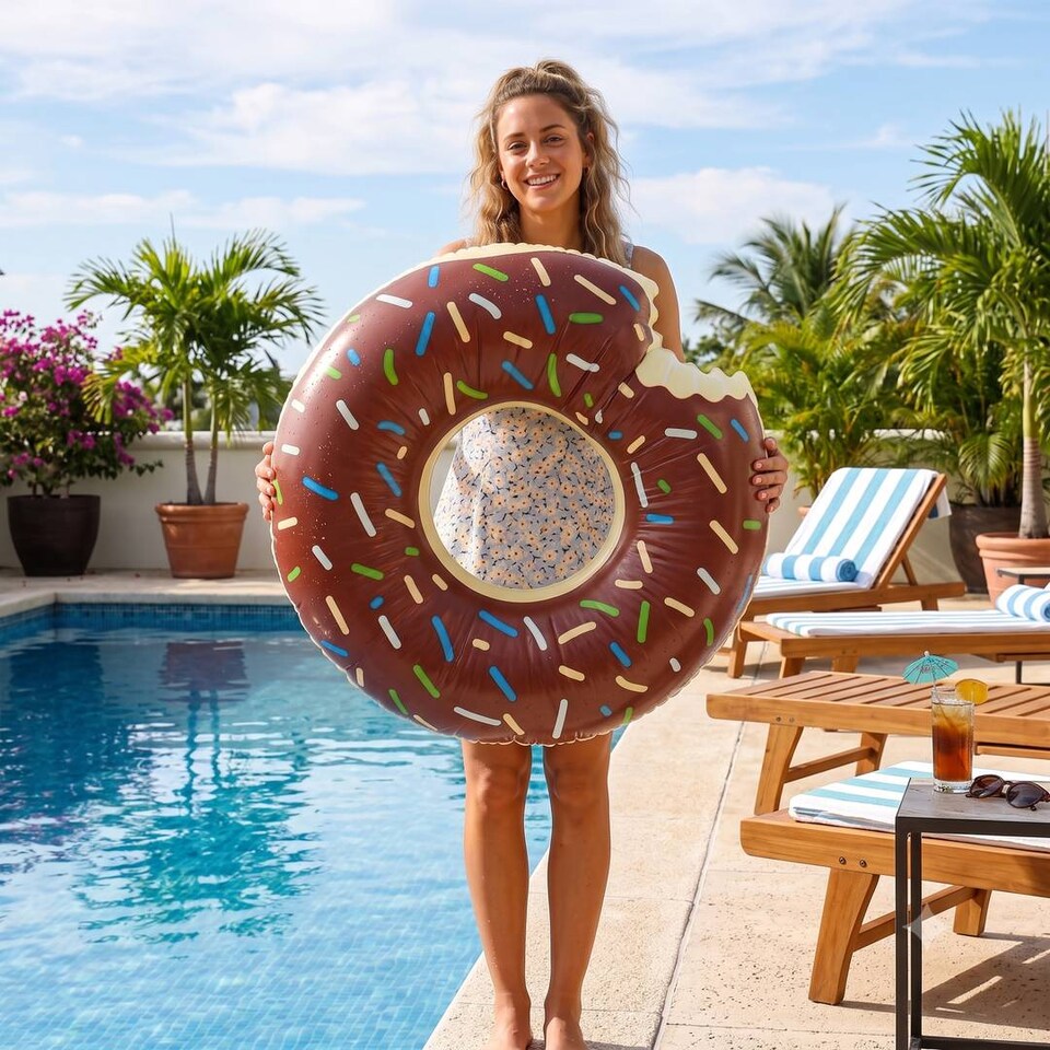 image 1 of Inflatable Brown Doughnut - 42 inches/107cm Donut with Brown Icing Design - Adults Kids Boys Girls Fun Summer Activity Pool Party Beach Day Swimming Toy Float