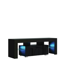 TV Unit 130cm Black Gloss Door Black Matt Body with Glass Shelves Free LED Black