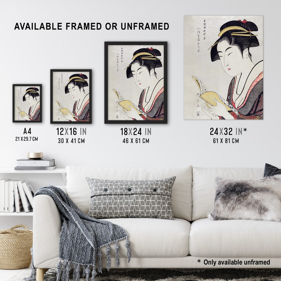 image 1 of Woman Portrait With Book Vintage Japan Framed Wall Art Print Kitagawa 12x16"