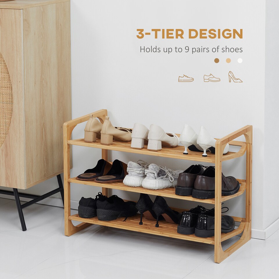 image 1 of HOMCOM 3-Tier Shoe Rack, Bamboo Shoe Storage Organizer with Slatted Shelves, Free Standing Shoe Shelf Stand for 9 Pairs of Shoes for Entryway, Hallway, Natural