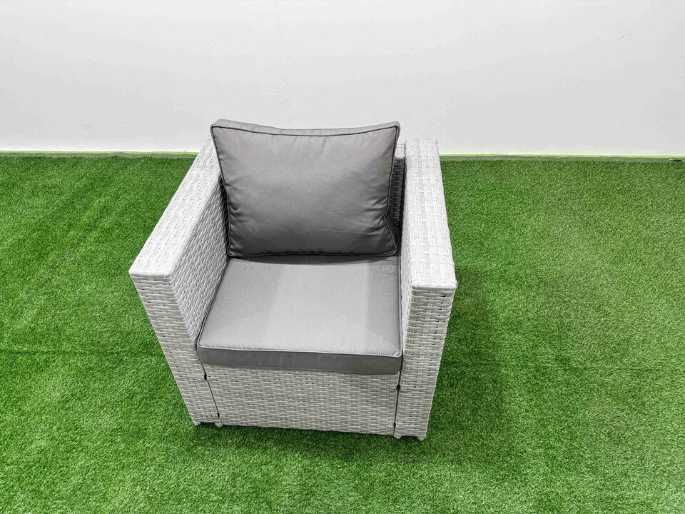 image 1 of Fimous 8 PCs Rising Dining Table Set Rattan Furniture Set with 3 Seater Sofa Chair 2 Small Footstools 2 Side Tables Light Grey