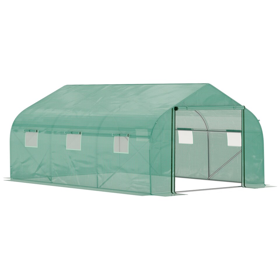image 1 of Outsunny 4.5 x 3 x 2m Outdoor Tunnel Greenhouse w Roll Up Door 6 Windows Green