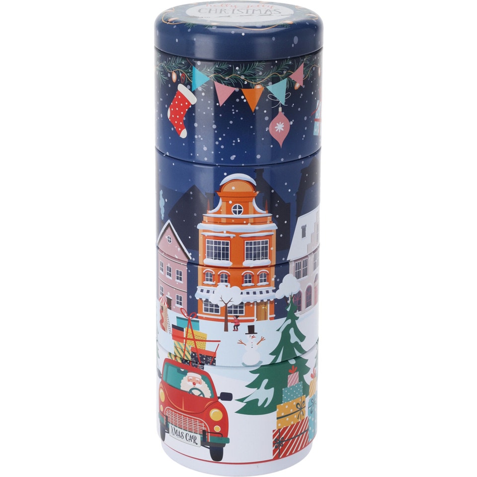 image 1 of Christmas Metal Storage Mini Tins Set Nesting Stacking Containers Festive Design | Multi | Blue