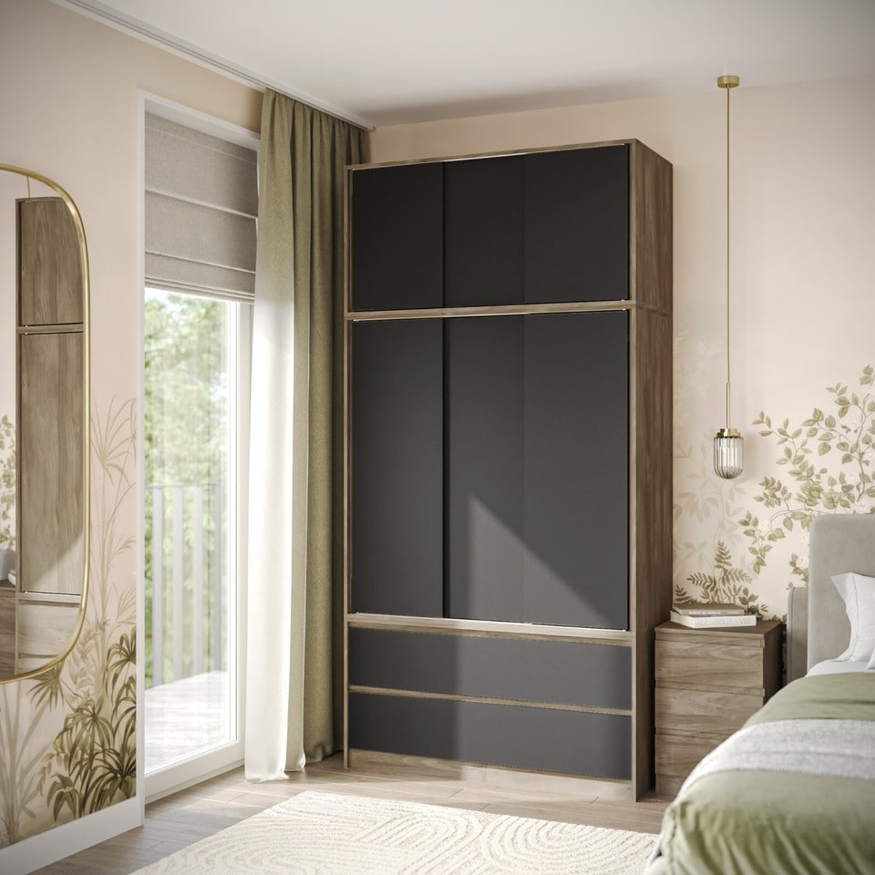 image 1 of 120cm 3 Sliding Doors Children Kids Wardrobe Bedroom Storage Closet Hanging Rail | Multi | Oak with Black Doors | 1