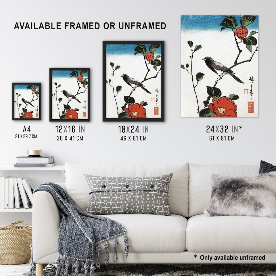 image 1 of Japanese Bird On Camellia Branch Vintage Wall Art Print Hiroshige 18x24"