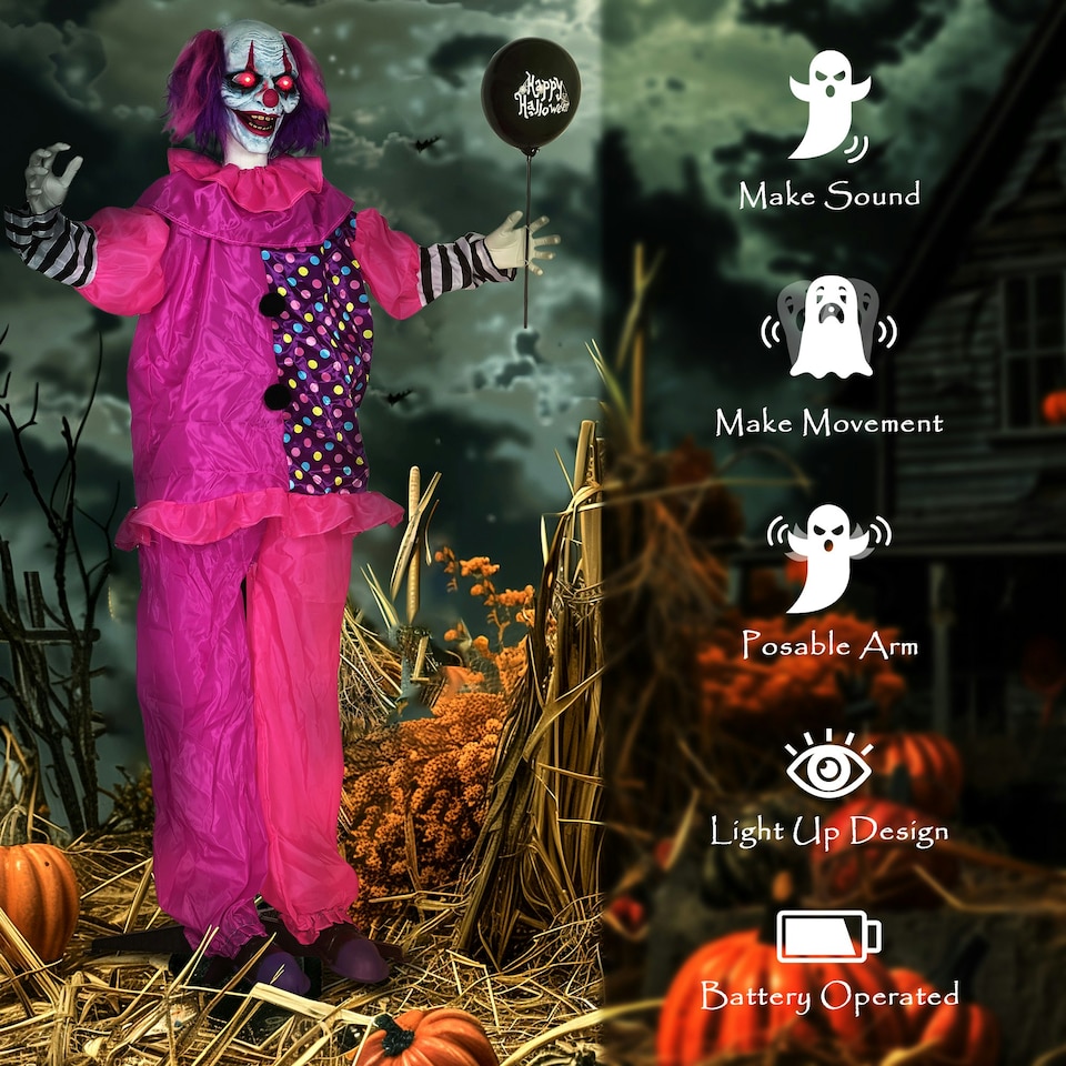 image 1 of Outsunny Sound Activated Halloween Animatronics Clown with Red Light Up Eyes