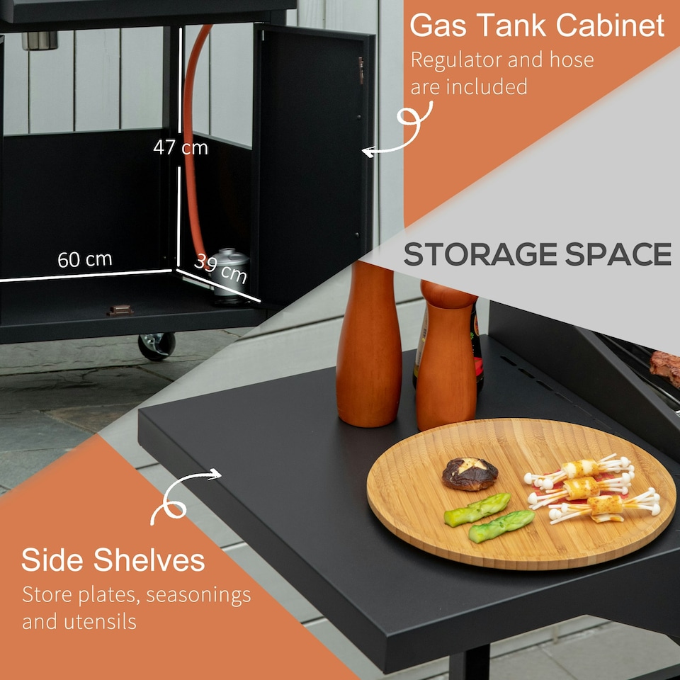 image 1 of Outsunny 3 Burner Gas Grill Portable Barbecue Trolley with Side Shelves