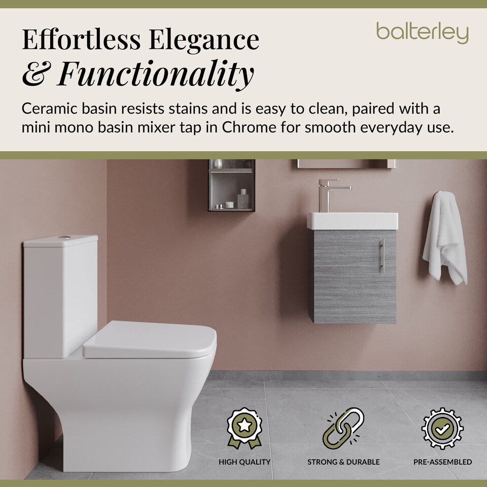 image 1 of Balterley Saint Cloakroom Set - Wall Hung Vanity Basin Unit, Toilet Pan, Cistern, Seat & Mini Basin Tap - Balterley | White | Grey Woodgrain | 520.0000 x 405.0000 x 222.0000mm