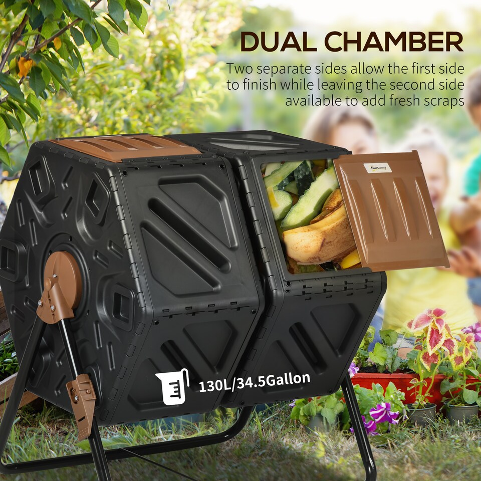 image 1 of Outsunny 130L Compost Bin Dual Chamber Rotating Composter w Ventilation Holes | Brown | Dark Brown and Black