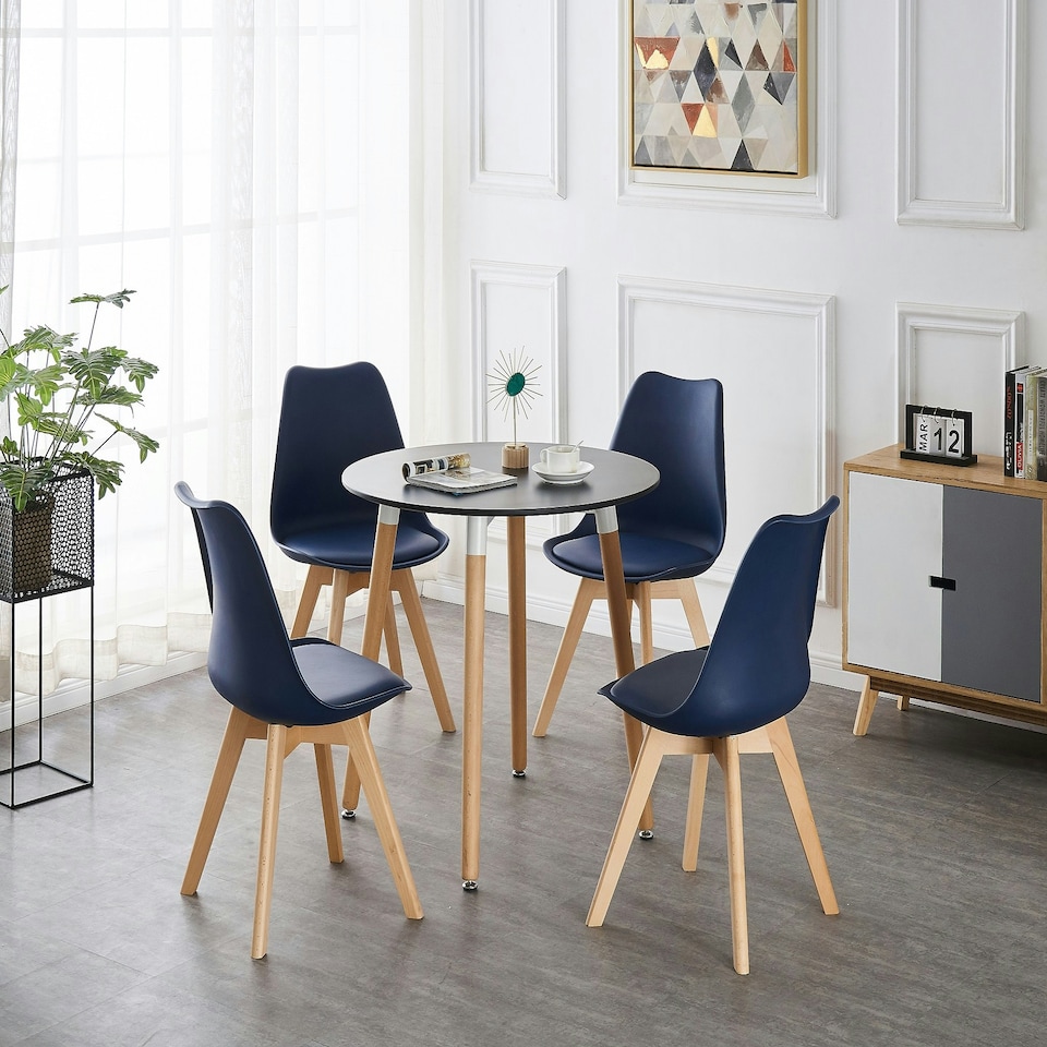 image 1 of 5PCs Dining Set - a Black Round Dining Table & Set of 4 White Lorenzo Tulip chairs with Padded Seat | Blue
