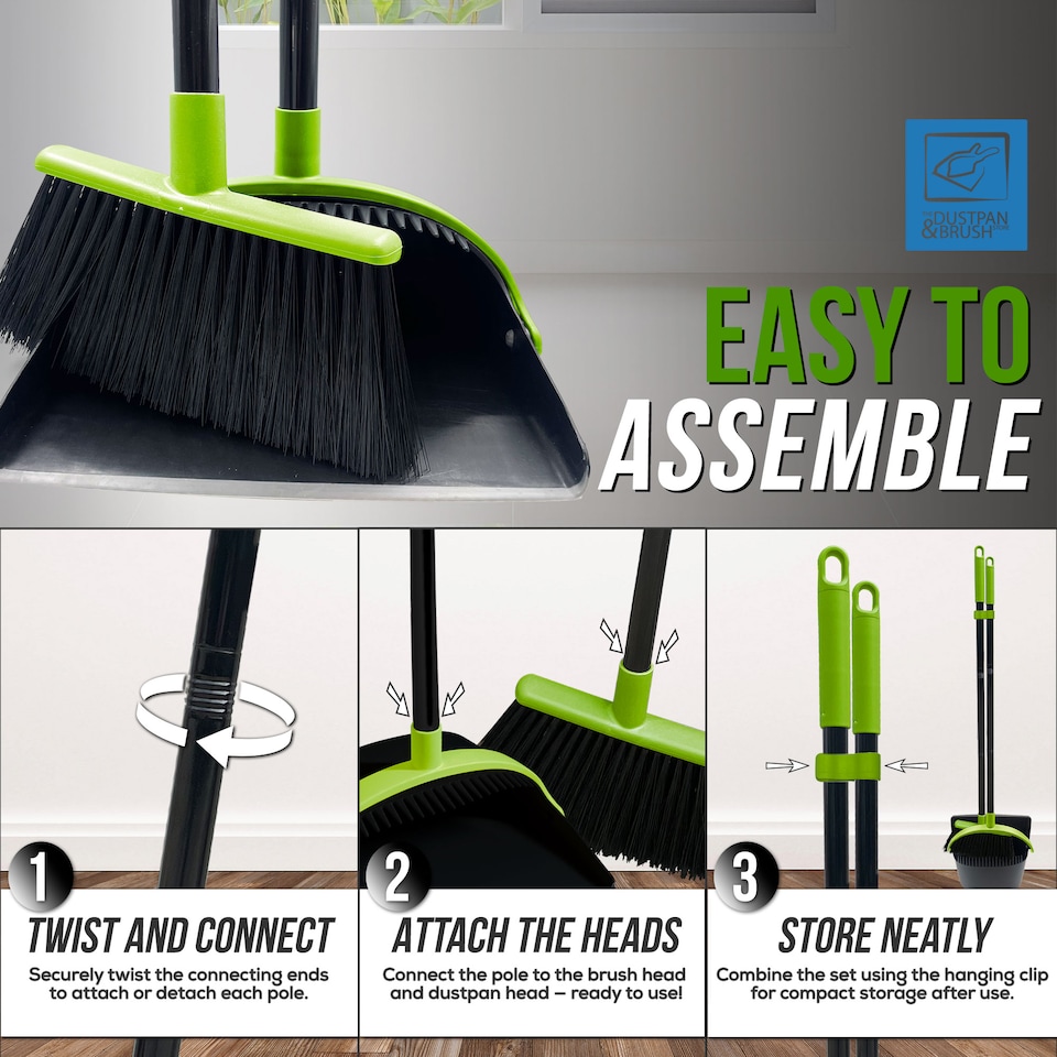 image 1 of Long Handled Dustpan and Brush Set Upright Sweeping Broom with Built-In Bristle Cleaner
