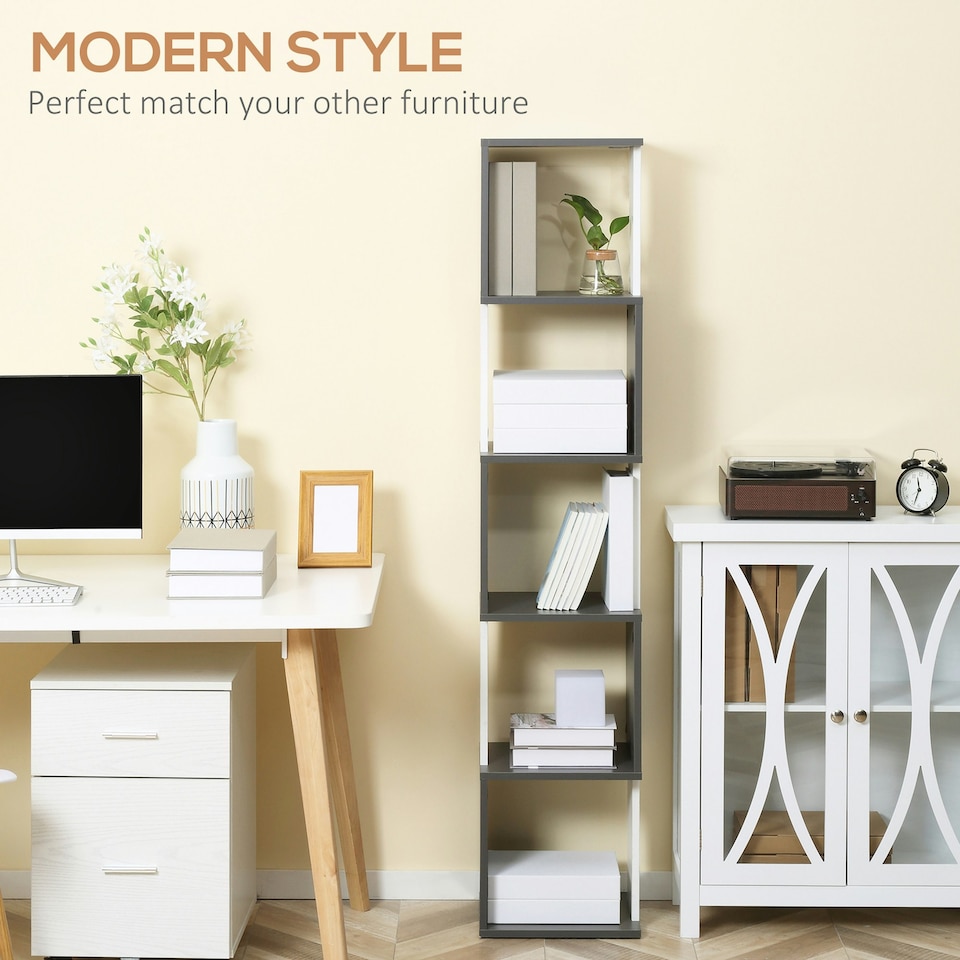 image 1 of HOMCOM 5-Tier Bookshelf Freestanding Bookcase Storage Shelves, White