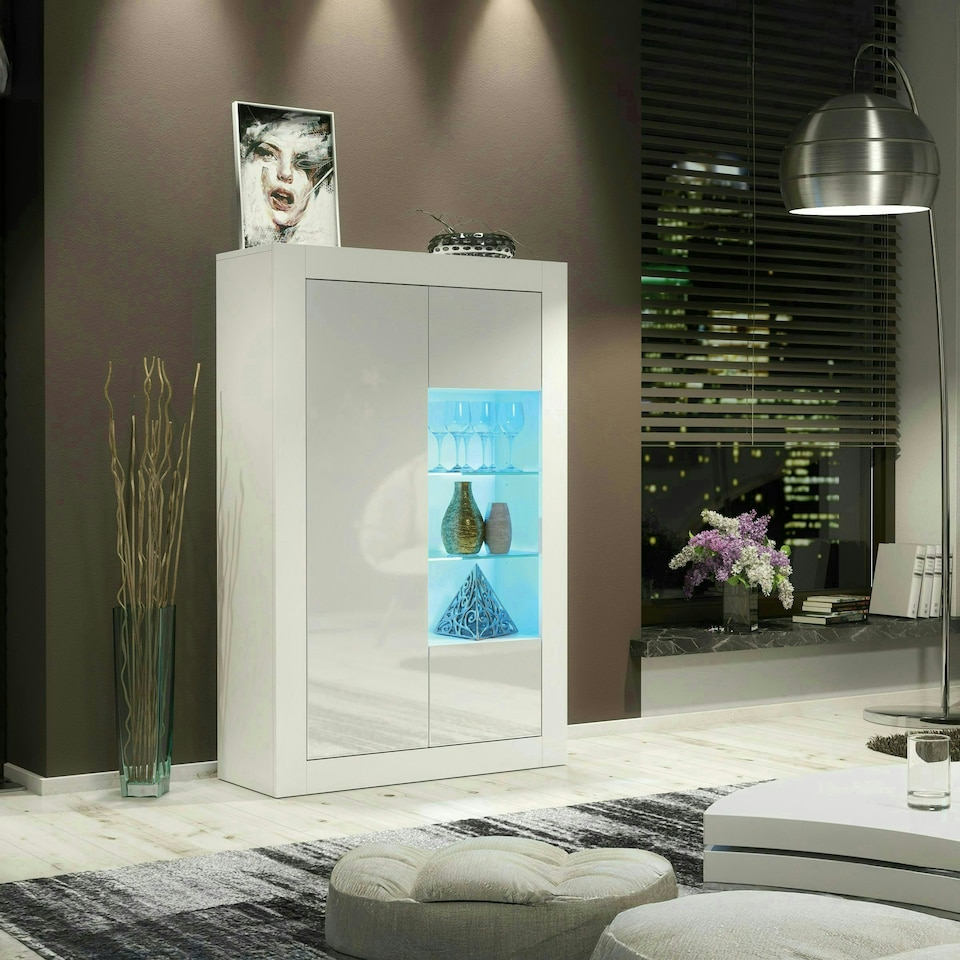 image 1 of White Display Cabinet 93cm Gloss Doors Free LED Modern Storage Unit | White