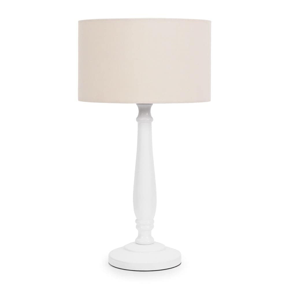 ValueLights Victoria White Wood Traditional Stem Table Lamp with Fabric Drum Shade in Natural