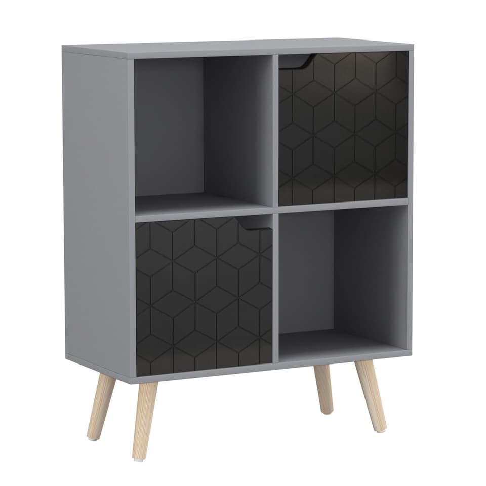 image 1 of Grey 4-Cube Storage Unit with 2 Geo Doors and Legs | Black | Black & Pine | 1