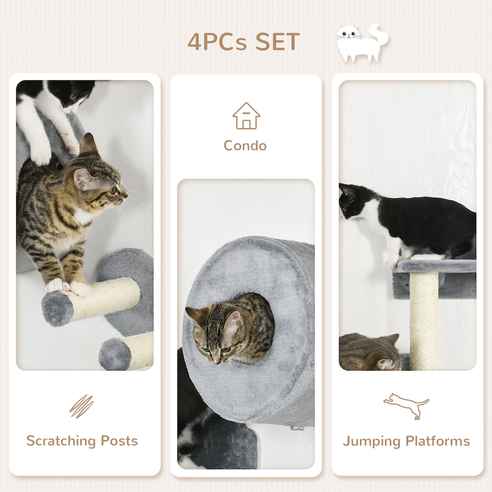 image 1 of PawHut 4PCs Wall Mounted Cat Tree, Cat Wall Furniture with Platforms, Steps, Scratching Post, Perch, Kitty House for Indoor Kittens - Grey