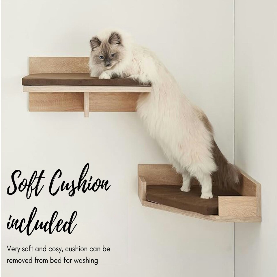 image 1 of NOVECRAFTO Corner Wall-Mounted Cat Bed – Sonoma Oak Beige – Brown Cushion – 35cm Wide – Space-Saving Shelf Holds up to 30kg for Cats