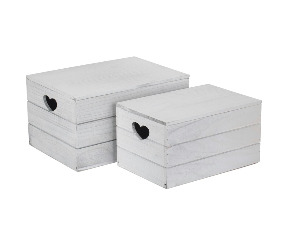 image 1 of Set of 2 Vintage Effect Heart Cut Handle Wooden Lidded Storage Box | Brown | Brown | 2