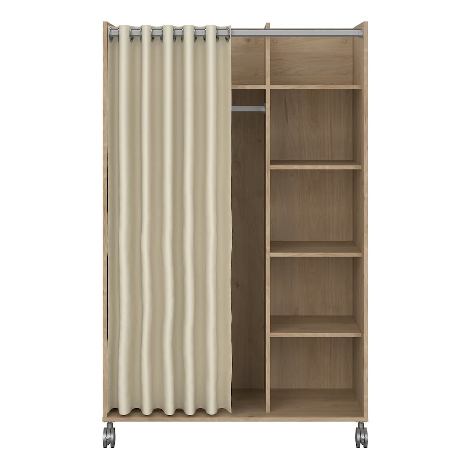 image 1 of Uppsala Open Mobile Wardrobe Unit in Jackson Hickory Oak with a Beige Textile Curtain on Wheels