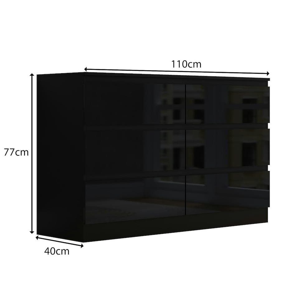 image 1 of FWStyle Stora 6 Drawer Wide 3+3 Chest Of Drawers - Black Gloss Front