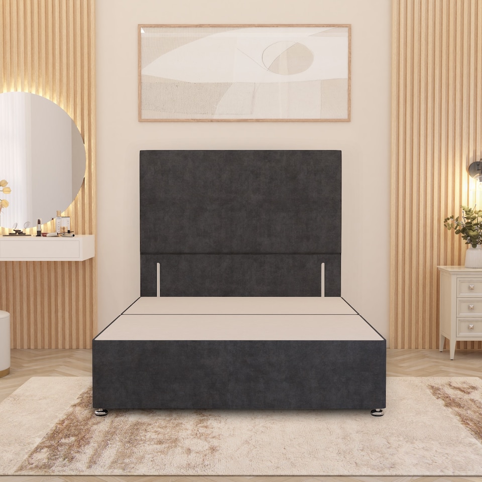 image 1 of Divan Bed Base with 4 Drawers & Plain Floor Standing Headboard Plush Velvet | Grey | Charcoal