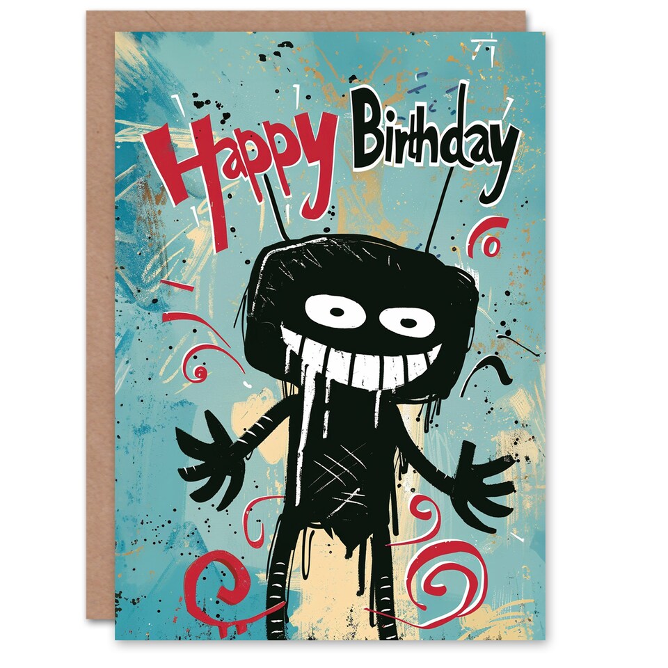 image 1 of Creepy Stick Man Birthday Card Weird Messy Drawing for Him