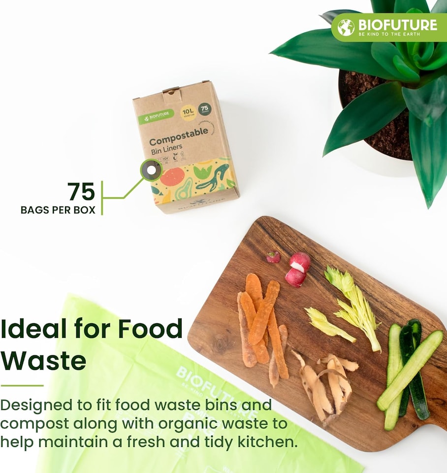 image 1 of Biofuture 10L x 75 Compostable Bin Liners | Home Compostable & Council Approved | Fits 9-11L Kitchen Food Waste Bins | EN13432 Certified & TUV Certified