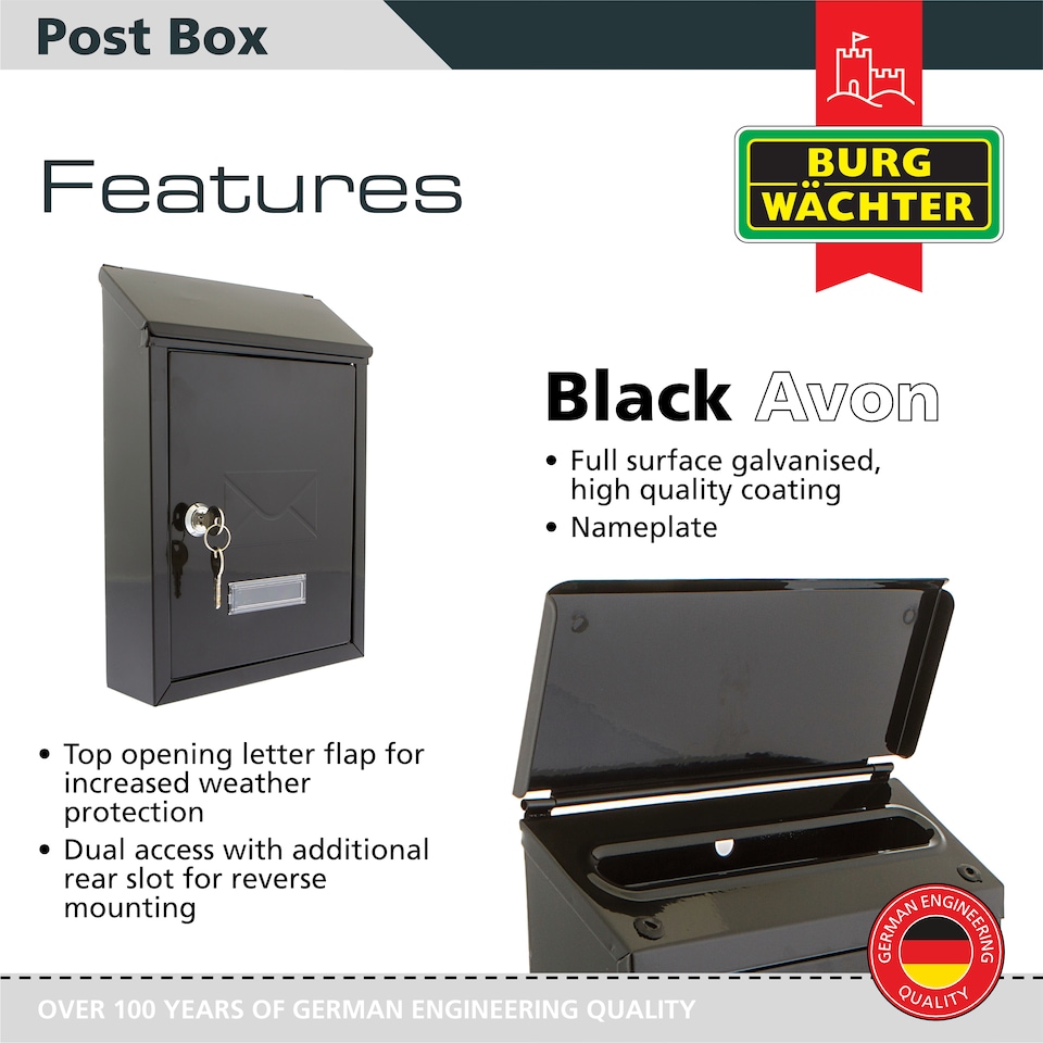 image 1 of Burg-Wachter Black Avon Dual Entry Wall Mounted Galvanised Steel Lockable Weatherproof Post Box - 21x30x7cm | Black | Black