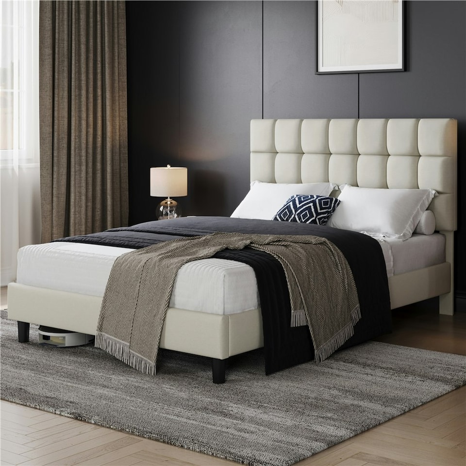 image 1 of Yaheetech 150 cm W × 200 cm L Upholstered Bed Frame Beige