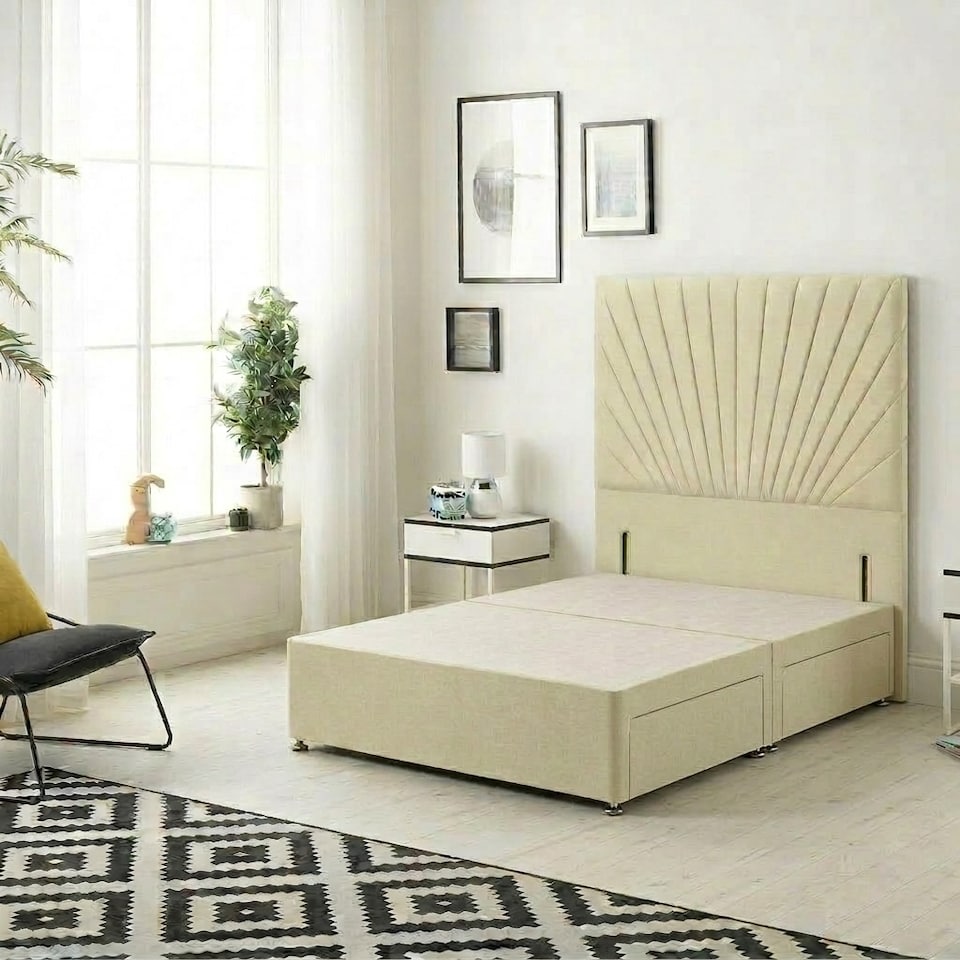 image 1 of Sunburst Divan Bed with 2 Drawers & 54'' Floor Standing Headboard Linen Fabric | Yellow | Beige