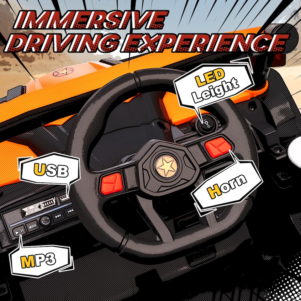 image 1 of AIYAPLAY 12V Kids Ride On Car, Electric Car for Kids UTV with Remote Control, Slow Start, Suspension System, LED Lights, Music, USB Port, for Boys Girls 3-5 Years | Orange