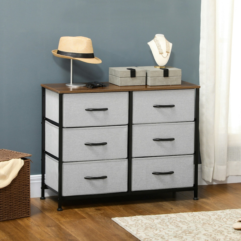image 1 of HOMCOM 6 Drawer Fabric Chest of Drawers w/ Wooden Top for Hallway Grey