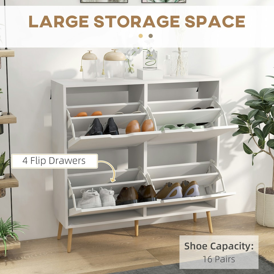 image 1 of HOMCOM Shoe Storage Cabinet with 4 Flip Drawers for 8-16 Pairs, White