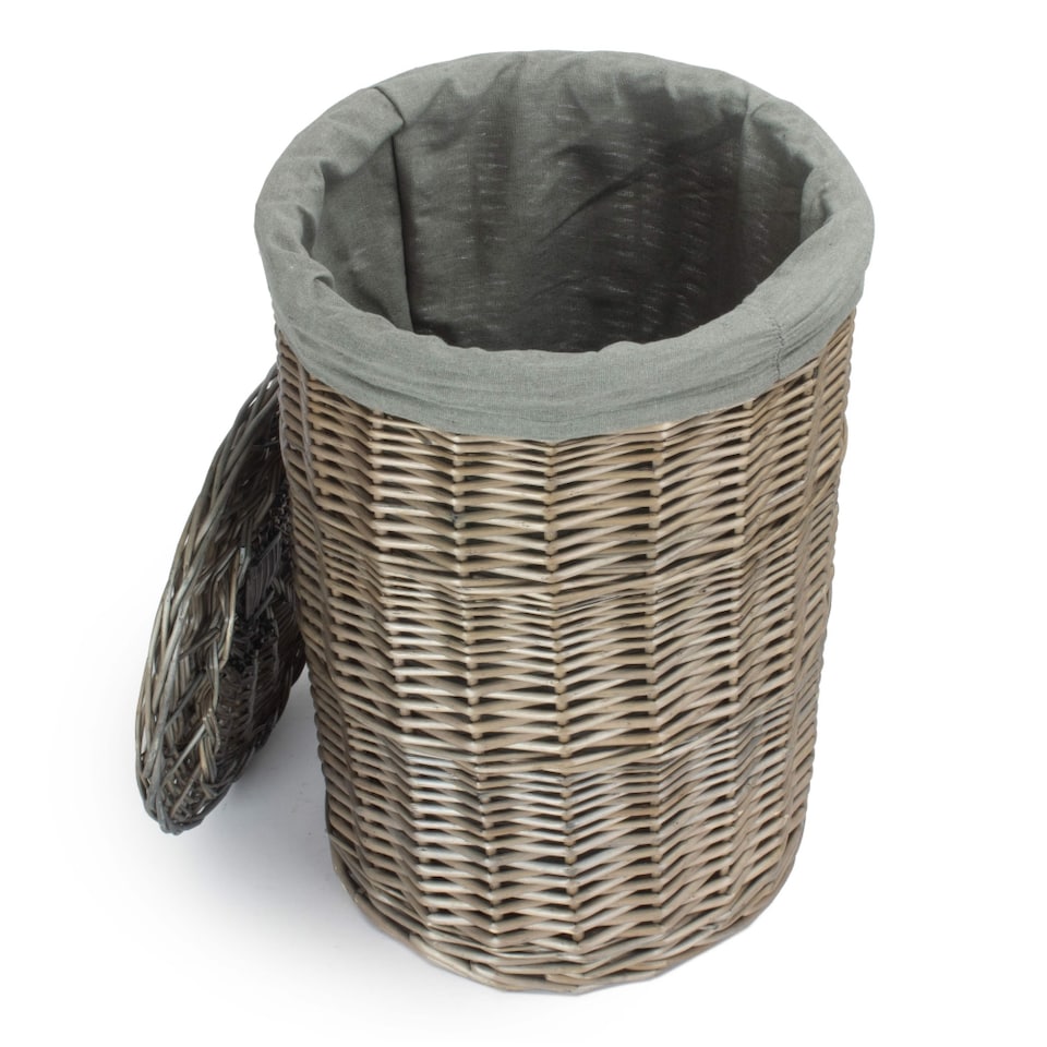 image 1 of Small Antique Wash Round Linen Basket with Grey Sage Lining | Grey | Grey