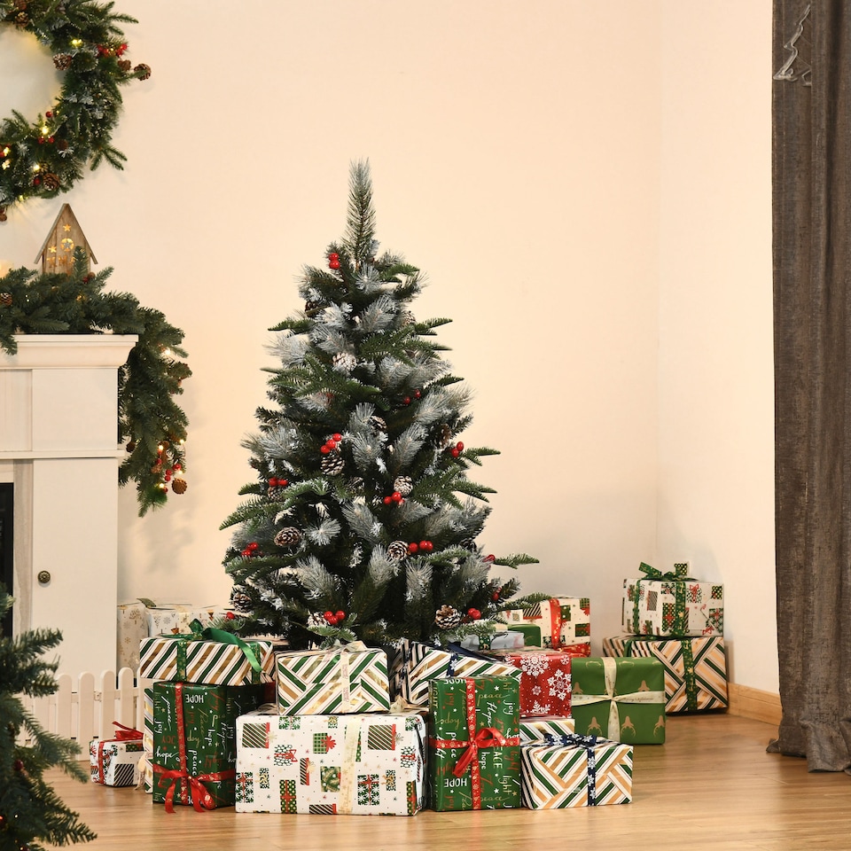 image 1 of HOMCOM 4FT Artificial Snow Dipped Christmas Tree mas Pencil Tree Holiday Home Party Decoration with Foldable Feet Red Berries White Pinecones, Green