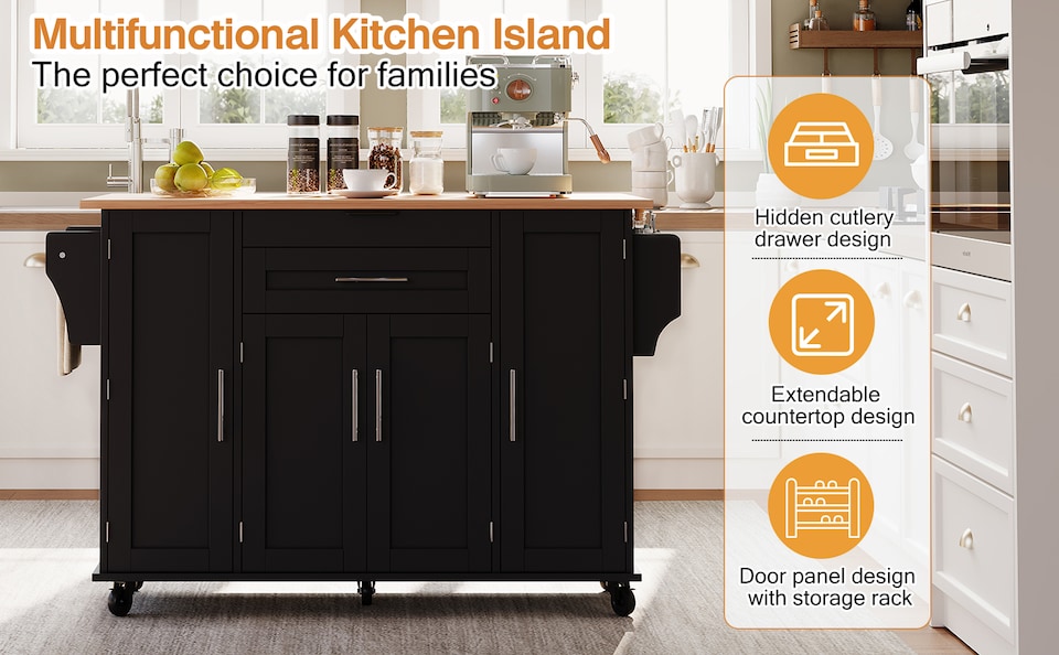 image 1 of VILUXE Mobile Kitchen Island with Foldable Worktop, Hidden Cutlery Drawer, Large Drawer, Adjustable Shelves, Door Racks, Towel Rack, Spice Rack and 5 Wheels, Black and Natural Wood