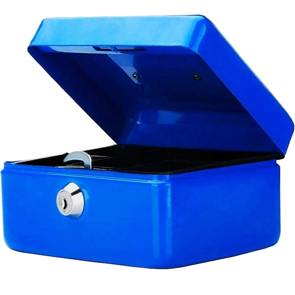 image 1 of 12" Money Bank Cash Deposit Box Steel Tin Security Safe Petty Key Blue