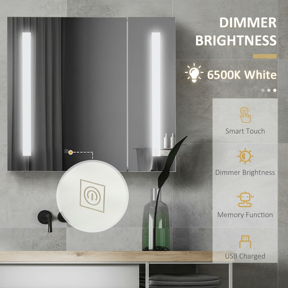 image 1 of kleankin LED Illuminated Mirror Cabinet with Lights, Touch Switch, for Bathroom