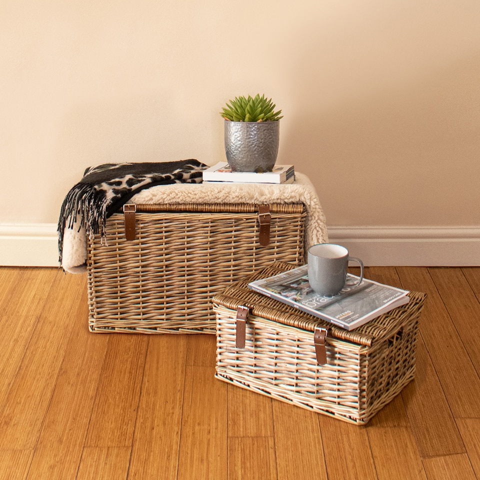 image 1 of JVL Handmade Buff Wicker Hampers with Faux Leather Straps, Set of 2