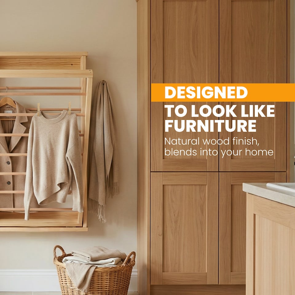 image 1 of Natural Wall Mounted Wooden Clothes Drying Rack with Double side Rails - Foldable and Space-Saving Clothes Airer