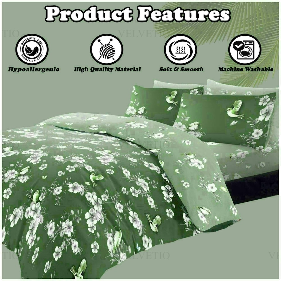 image 1 of VELVETIO Birdie Blossom Printed Duvet Cover Set Reversible Polycotton Beddings Pink | Double